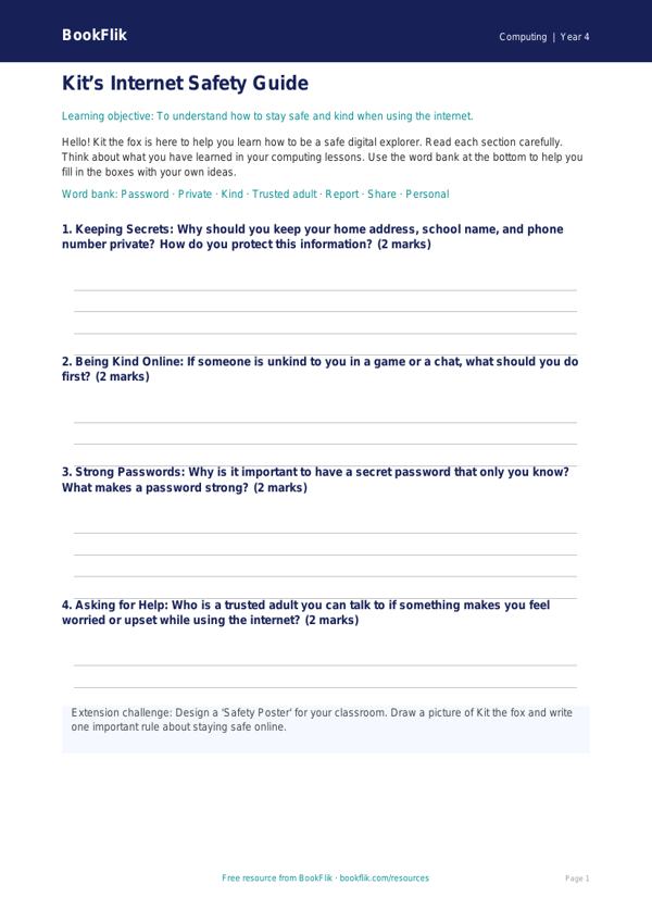 Free Internet Safety Worksheet | Year 4 Lesson Plan | BookFlik worksheet preview — Computing Internet Safety