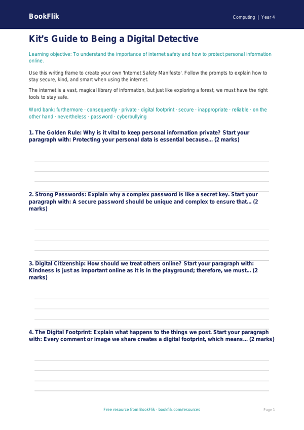 Free Internet Safety Writing Frame | Year 4 Greater Depth | BookFlik worksheet preview — Computing Internet Safety