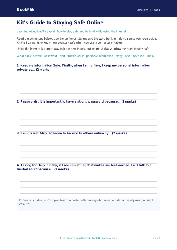 Free Internet Safety Writing Frame | Year 4 Supported | BookFlik worksheet preview — Computing Internet Safety