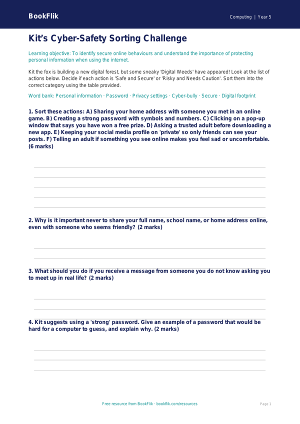 Free Internet Safety Activity Sheet | Year 5 Core | BookFlik worksheet preview — Computing Internet Safety