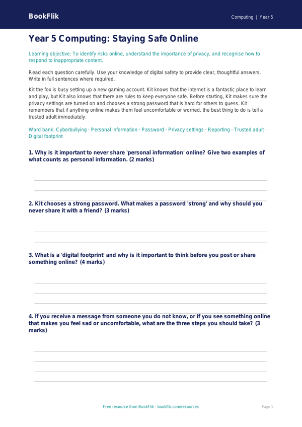 Free Internet Safety Assessment | Year 5 Core | BookFlik worksheet preview — Computing Internet Safety