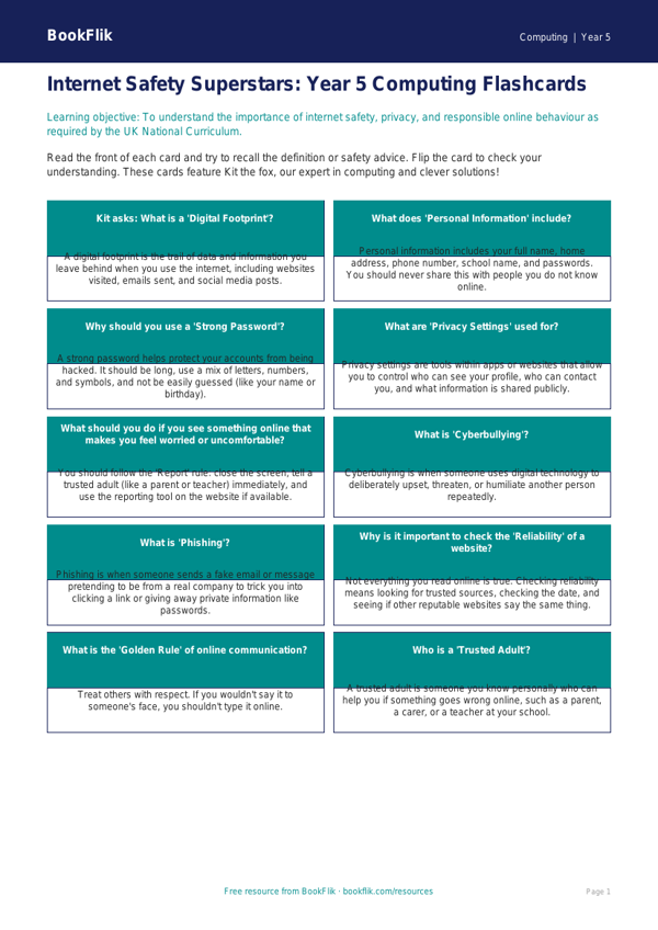 Free Internet Safety Flashcards | Year 5 Core | BookFlik worksheet preview — Computing Internet Safety