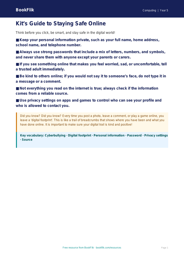 Free Internet Safety Poster | Year 5 Core | BookFlik worksheet preview — Computing Internet Safety