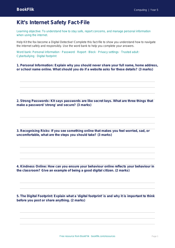 Free Internet Safety Worksheet | Year 5 Lesson Plan | BookFlik worksheet preview — Computing Internet Safety