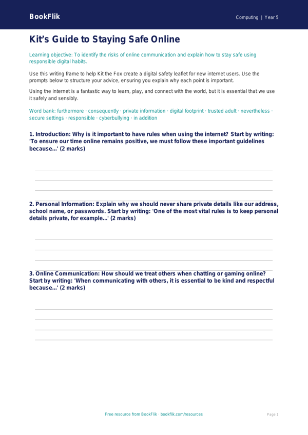 Free Internet Safety Writing Frame | Year 5 Core | BookFlik worksheet preview — Computing Internet Safety