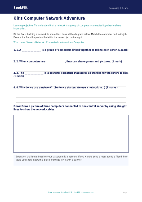 Free Networks Activity Sheet | Year 4 Supported | BookFlik worksheet preview — Computing Networks