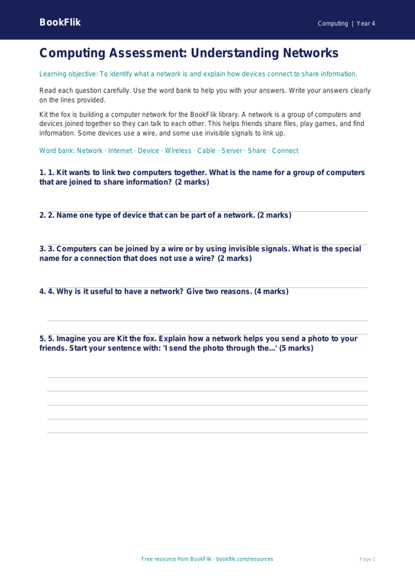 Free Networks Assessment | Year 4 Supported | BookFlik worksheet preview — Computing Networks