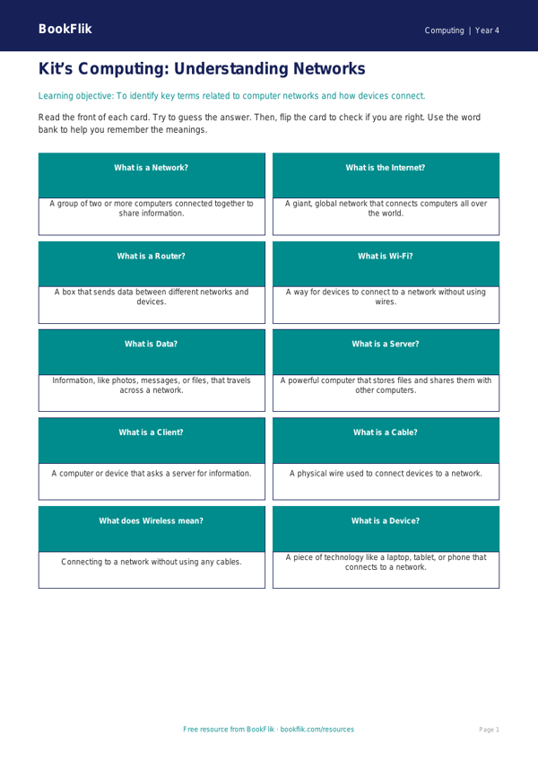 Free Networks Flashcards | Year 4 Supported | BookFlik worksheet preview — Computing Networks