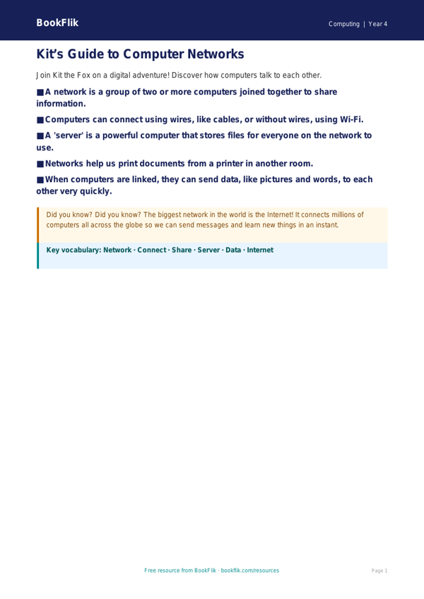 Free Networks Poster | Year 4 Supported | BookFlik worksheet preview — Computing Networks