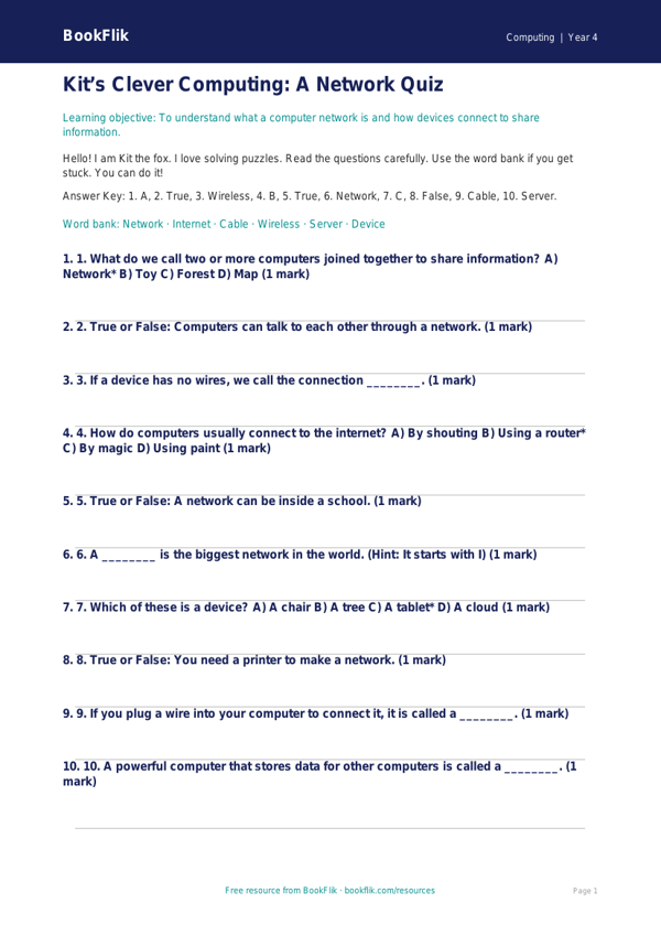 Free Networks Quiz | Year 4 Supported | BookFlik worksheet preview — Computing Networks