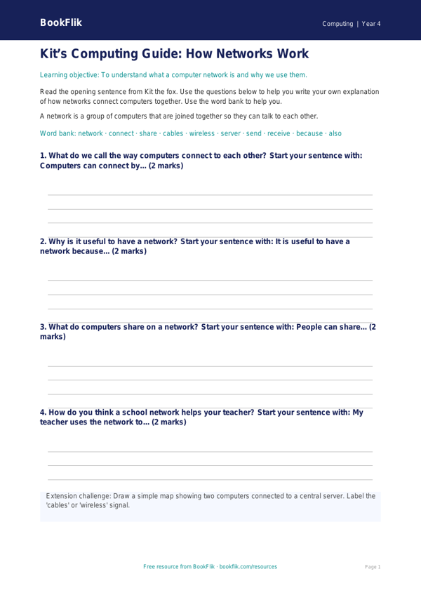 Free Networks Writing Frame | Year 4 Supported | BookFlik worksheet preview — Computing Networks