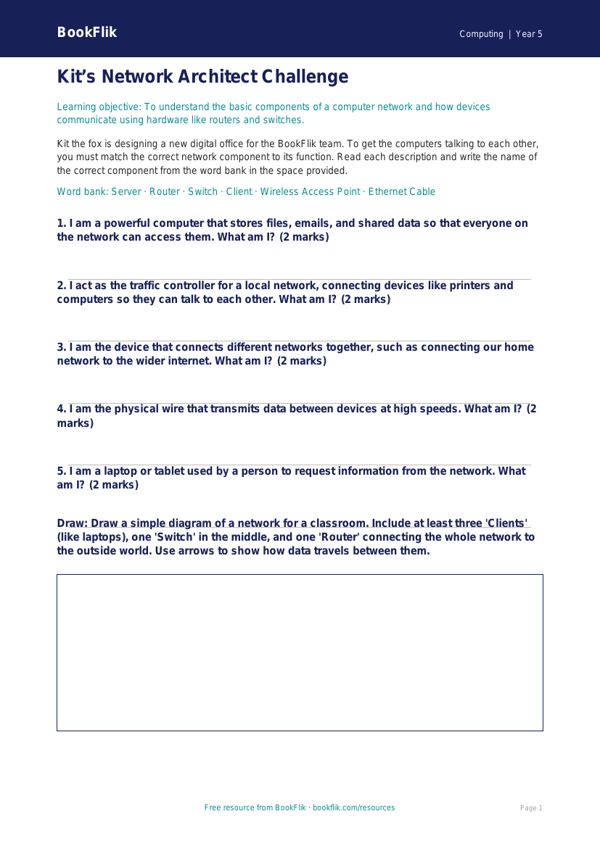 Free Networks Activity Sheet | Year 5 Core | BookFlik worksheet preview — Computing Networks