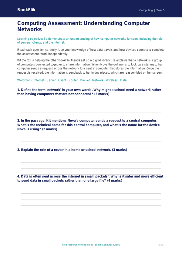 Free Networks Assessment | Year 5 Core | BookFlik worksheet preview — Computing Networks