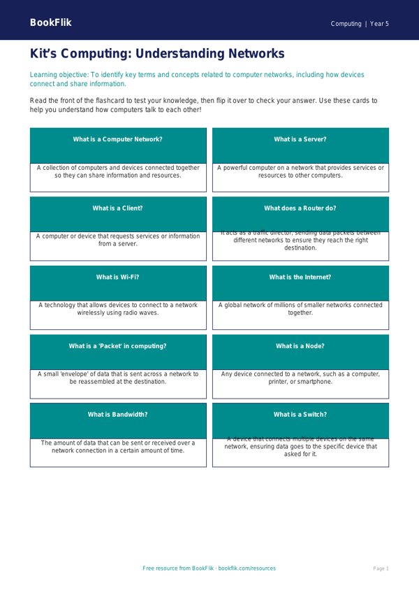 Free Networks Flashcards | Year 5 Core | BookFlik worksheet preview โ Computing Networks