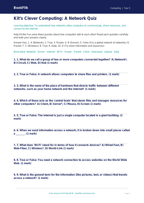 Free Networks Quiz | Year 5 Core | BookFlik worksheet preview — Computing Networks