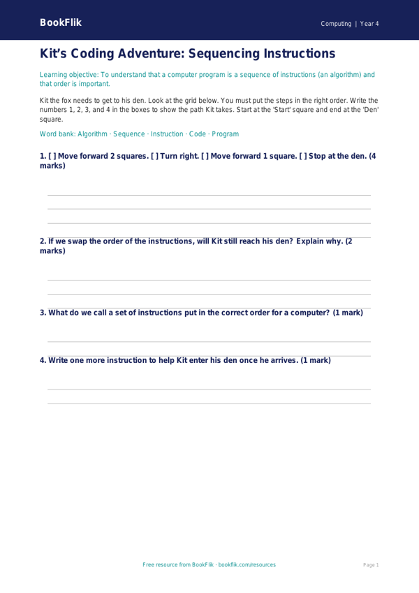 Free Programming Activity Sheet | Year 4 Supported | BookFlik worksheet preview — Computing Programming