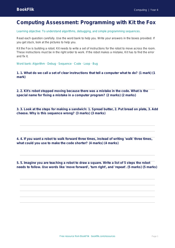 Free Programming Assessment | Year 4 Supported | BookFlik worksheet preview — Computing Programming