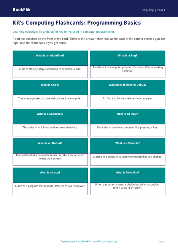 Free Programming Flashcards | Year 4 Supported | BookFlik worksheet preview — Computing Programming