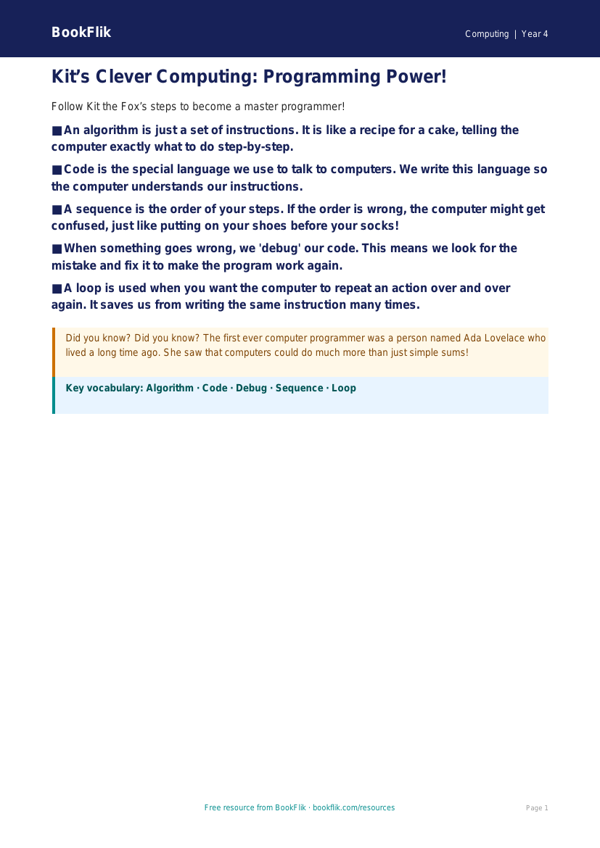 Free Programming Poster | Year 4 Supported | BookFlik worksheet preview — Computing Programming
