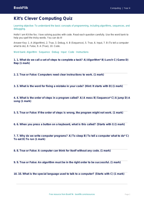 Free Programming Quiz | Year 4 Supported | BookFlik worksheet preview — Computing Programming