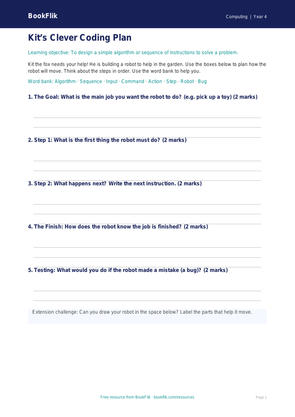 Free Programming Template | Year 4 Supported | BookFlik worksheet preview — Computing Programming