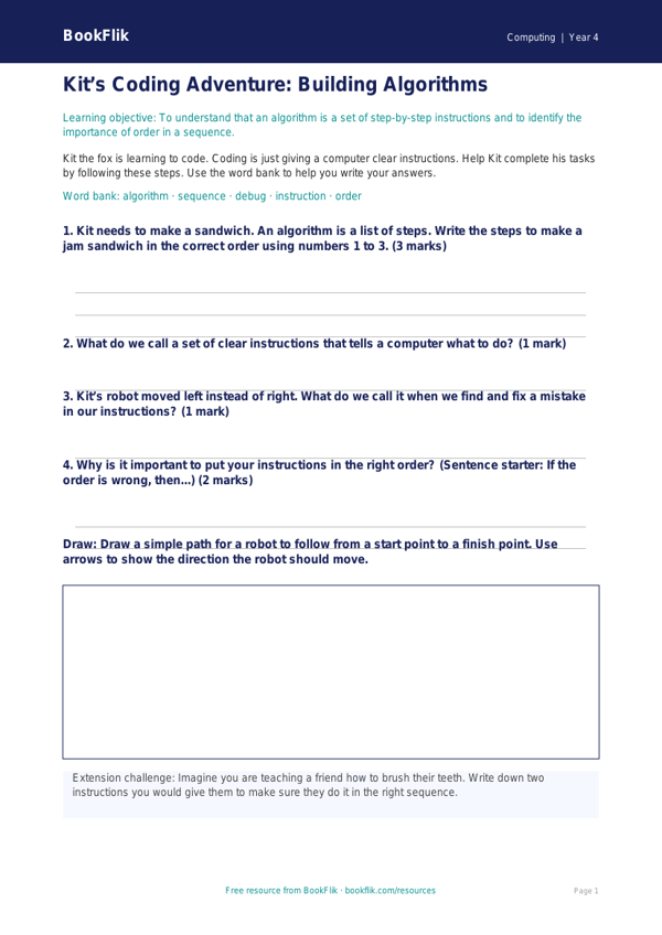 Free Programming Worksheet | Year 4 Supported | BookFlik worksheet preview — Computing Programming
