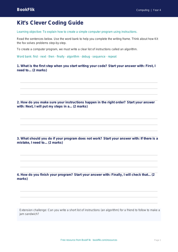 Free Programming Writing Frame | Year 4 Supported | BookFlik worksheet preview — Computing Programming