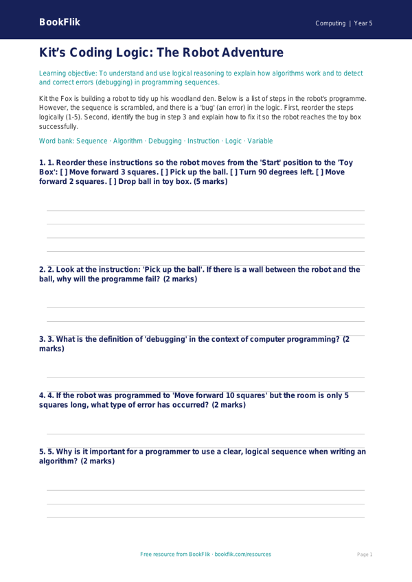 Free Programming Activity Sheet | Year 5 Core | BookFlik worksheet preview — Computing Programming