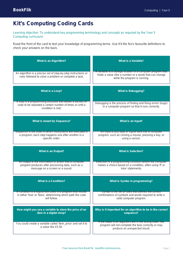 Free Programming Flashcards | Year 5 Core | BookFlik worksheet preview — Computing Programming
