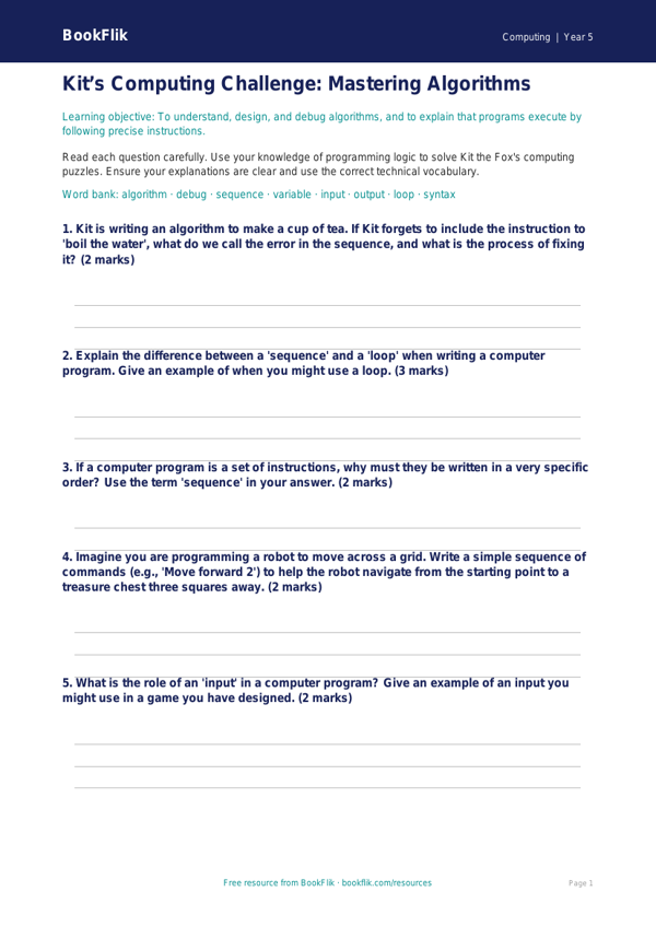 Free Programming Worksheet | Year 5 Core | BookFlik worksheet preview — Computing Programming