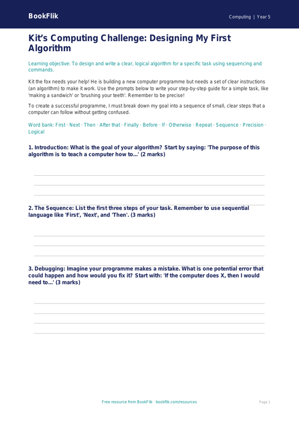 Free Programming Writing Frame | Year 5 Core | BookFlik worksheet preview — Computing Programming