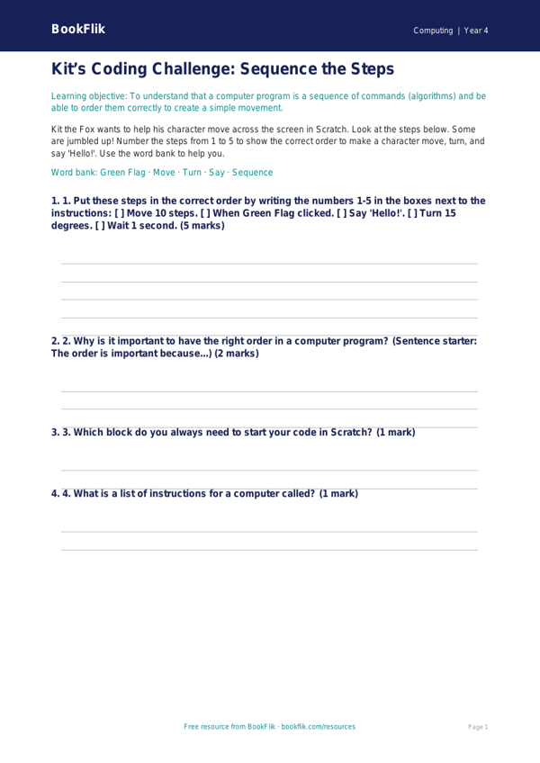Free Scratch Activity Sheet | Year 4 Supported | BookFlik worksheet preview — Computing Scratch