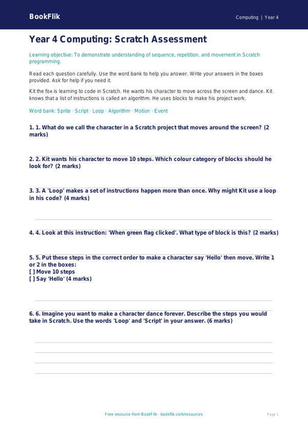 Free Scratch Assessment | Year 4 Supported | BookFlik worksheet preview — Computing Scratch