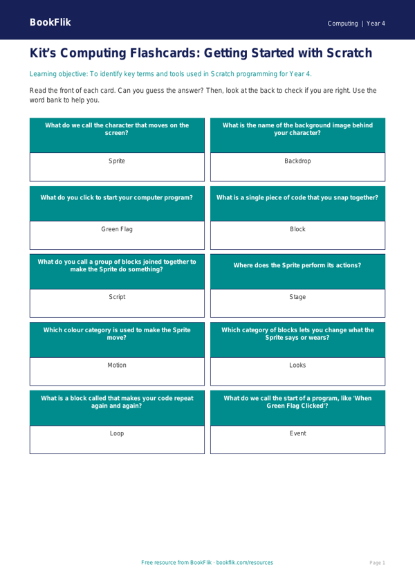 Free Scratch Flashcards | Year 4 Supported | BookFlik worksheet preview — Computing Scratch