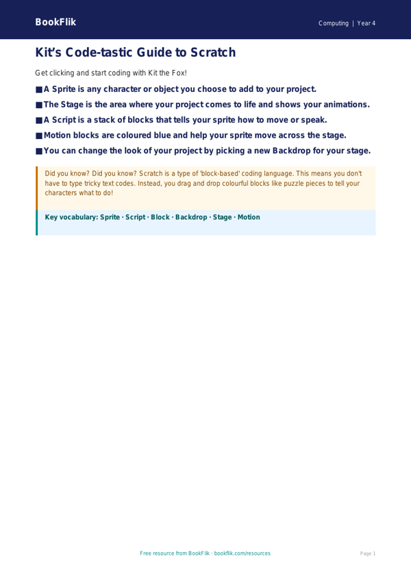 Free Scratch Poster | Year 4 Supported | BookFlik worksheet preview — Computing Scratch