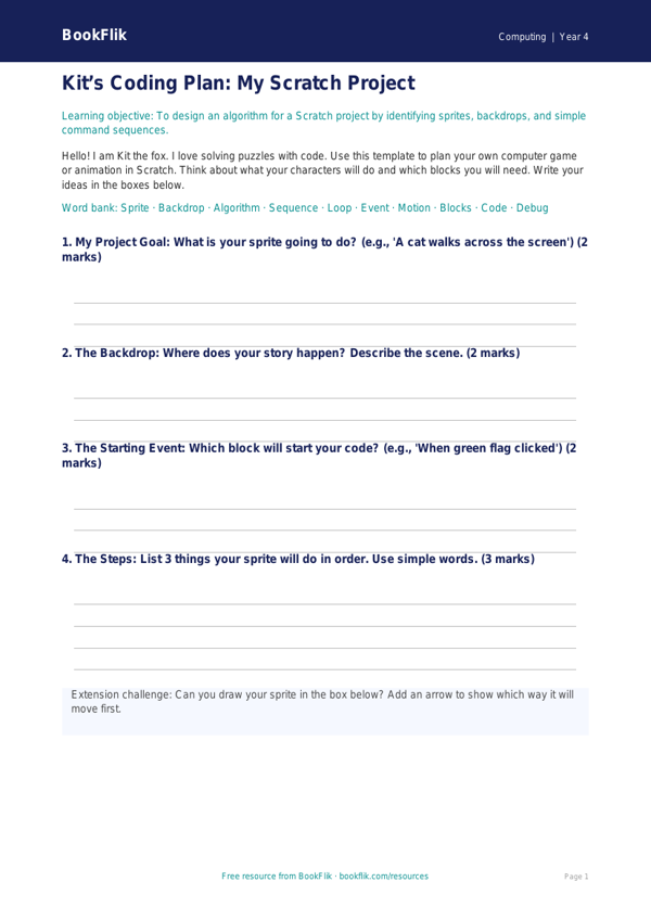 Free Scratch Template | Year 4 Supported | BookFlik worksheet preview — Computing Scratch