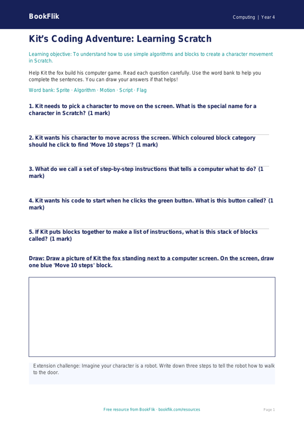Free Scratch Worksheet | Year 4 Supported | BookFlik worksheet preview — Computing Scratch