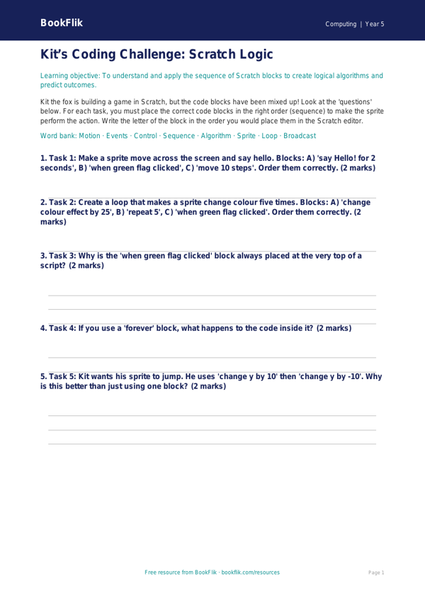 Free Scratch Activity Sheet | Year 5 Core | BookFlik worksheet preview — Computing Scratch