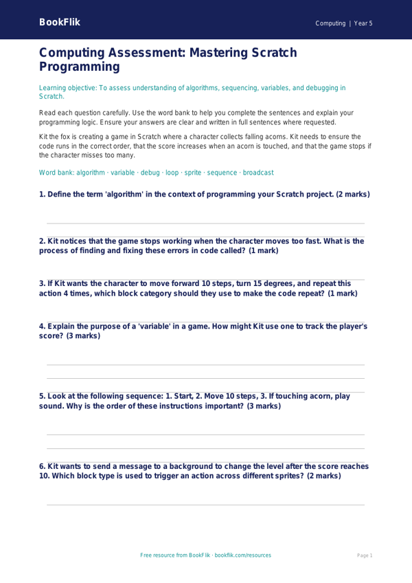 Free Scratch Assessment | Year 5 Core | BookFlik worksheet preview — Computing Scratch