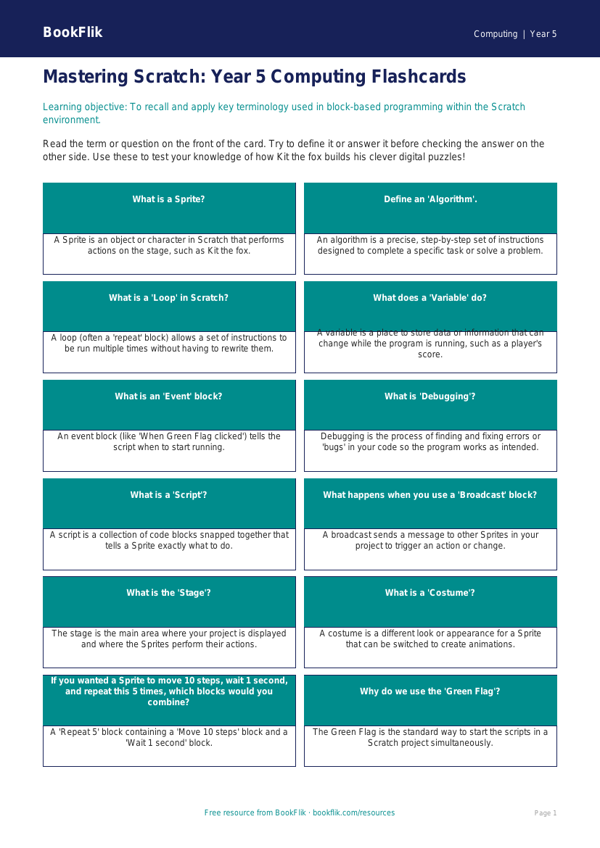 Free Scratch Flashcards | Year 5 Core | BookFlik worksheet preview — Computing Scratch