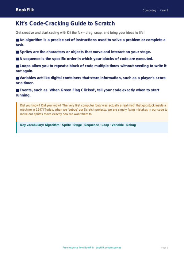 Free Scratch Poster | Year 5 Core | BookFlik worksheet preview — Computing Scratch