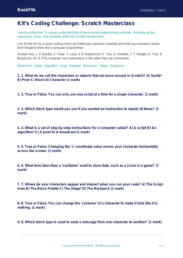 Free Scratch Quiz | Year 5 Core | BookFlik worksheet preview — Computing Scratch
