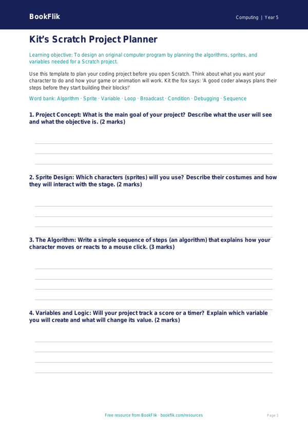 Free Scratch Template | Year 5 Core | BookFlik worksheet preview — Computing Scratch