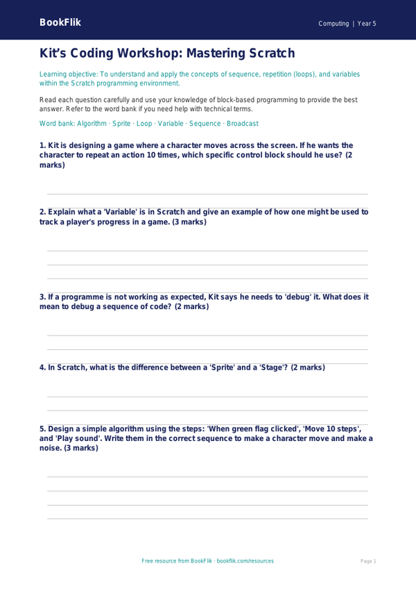 Free Scratch Worksheet | Year 5 Core | BookFlik worksheet preview — Computing Scratch