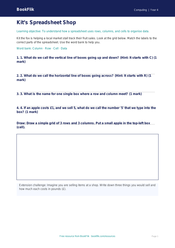 Free Spreadsheets Activity Sheet | Year 4 Supported | BookFlik worksheet preview — Computing Spreadsheets