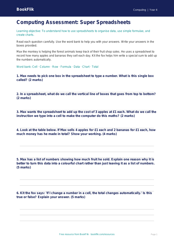 Free Spreadsheets Assessment | Year 4 Supported | BookFlik worksheet preview — Computing Spreadsheets