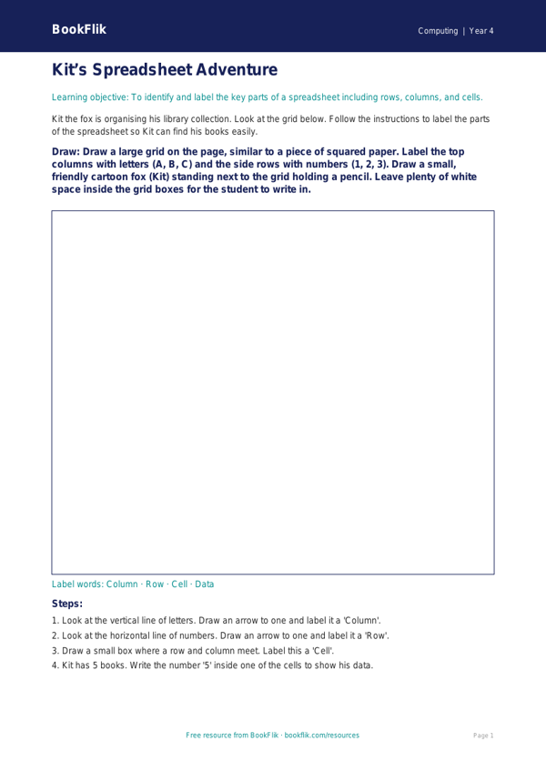 Free Spreadsheets Drawing Sheet | Year 4 Supported | BookFlik worksheet preview — Computing Spreadsheets