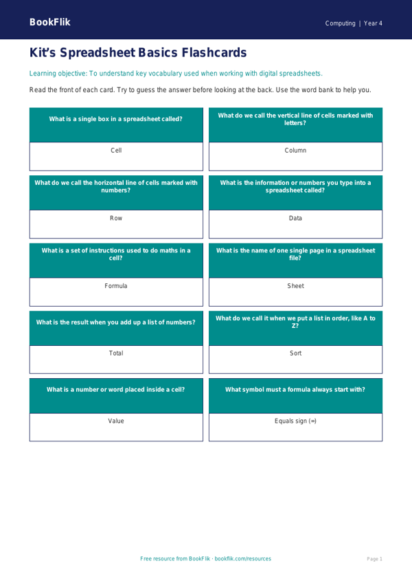 Free Spreadsheets Flashcards | Year 4 Supported | BookFlik worksheet preview — Computing Spreadsheets