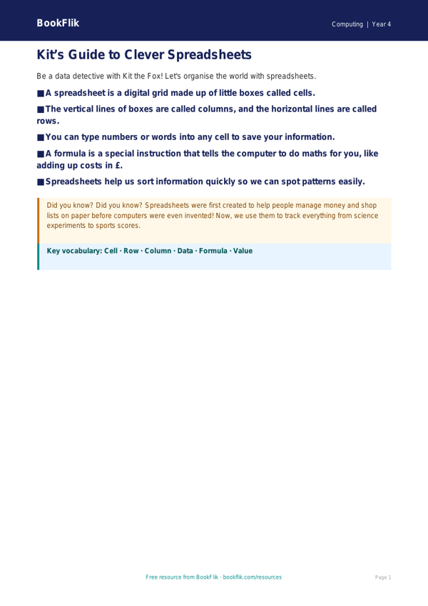 Free Spreadsheets Poster | Year 4 Supported | BookFlik worksheet preview — Computing Spreadsheets