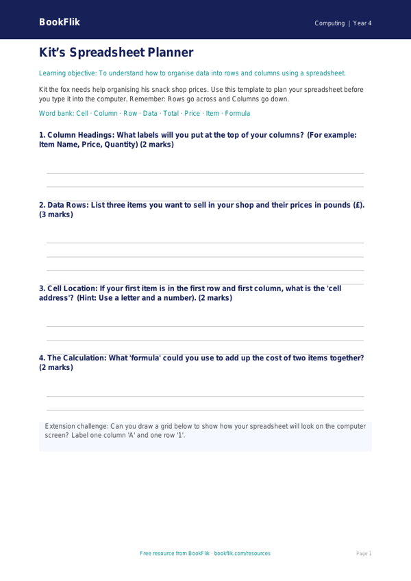 Free Spreadsheets Template | Year 4 Supported | BookFlik worksheet preview — Computing Spreadsheets